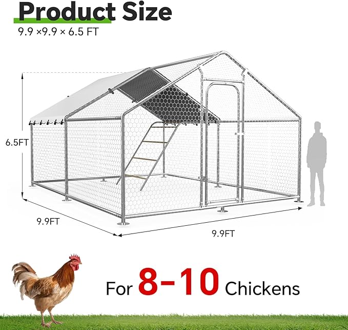 Large Metal Chicken Coop with Waterproof and UV-Resistant Cover,Chicken Run Outdoor Walk-in Cage Rabbit Duck Hen House for Yard Farm Use Spire Roof (10’ W x 9.9’ L x 6.4’ H)