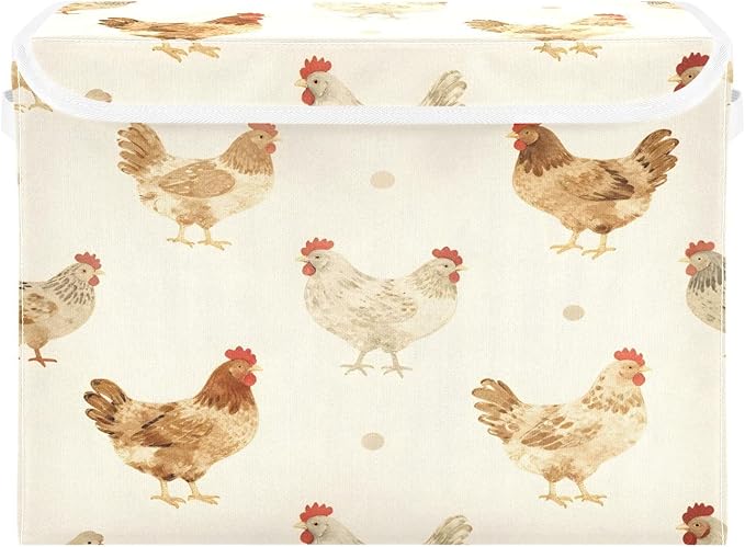 Farmhouse Chickens Fabric Storage Bin with Lid, Collapsible Basket with Handles, Shelf Cube Closet Organizer for Home and Bedroom