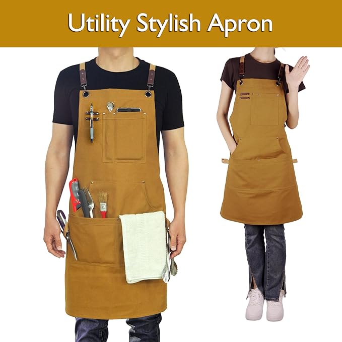 10 Pack Kitchen Aprons, Work Apron, Canvas, Multiple Pockets, Gardening, Painting, BBQ, Artist, Carpenter, Sizes M to XXL, Khaki