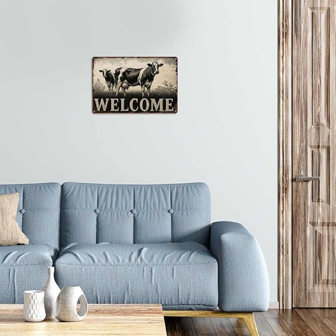 Vintage Farmhouse Metal Welcome Sign - Rustic Cow Farm Animal Theme 8x12 Inch Vintage Aluminum Metal Tin Signs-For Living Room Kitchen Patio Porch Backyard Home Decor Wall Decor