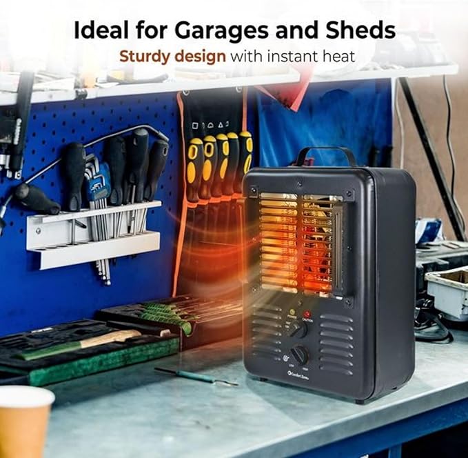 Comfort Zone 1500W Milkhouse Style Utility Space Heater – Portable Workshop & Garage Electric Heater with Adjustable Thermostat, 2 Heat Settings & Fan – All-Metal Housing & Safety Tip-Over Switch