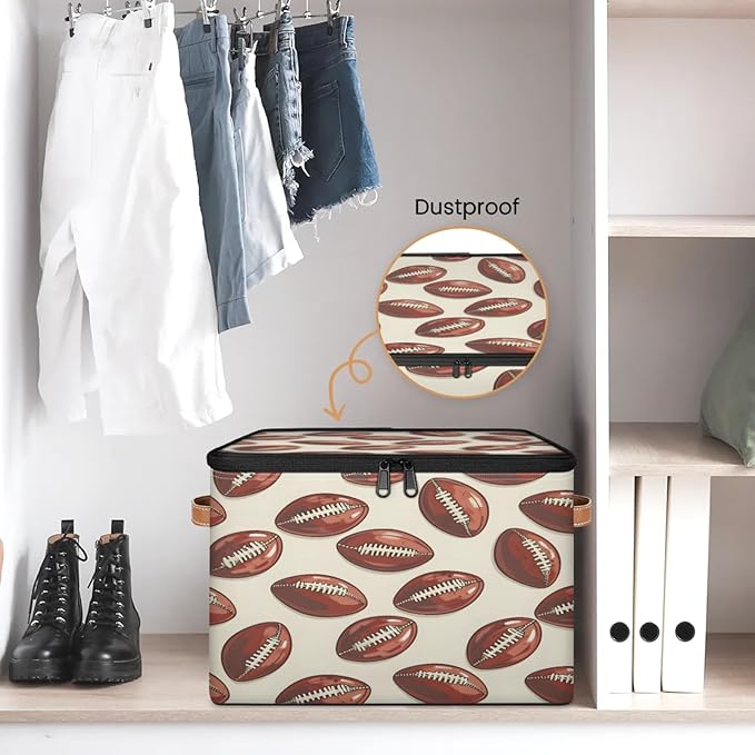 Storage Cubes with Lid Fabric Storage Bins Boxes PU Leather Handles, Sports Rugby Closet Organizer Container Foldable Washable Shelf Cloth Basket, Rugby Balls