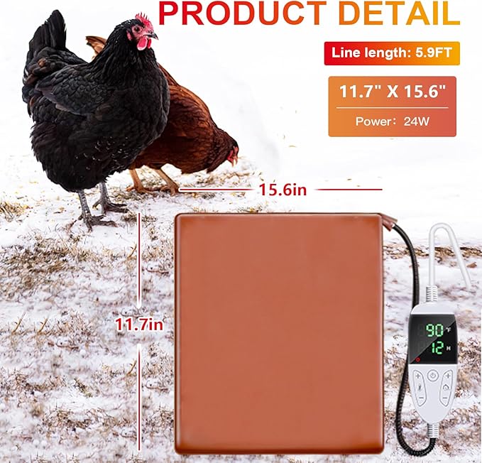 Chicken Heating Pad Baby Chicks Heater Mat Temperature and Timer Adjustable Led Display Chicken Warming Blanket Heated Mat with Anti Bite Cord Chick Brooder Heating Mat Orange 11.7" X 15.6"