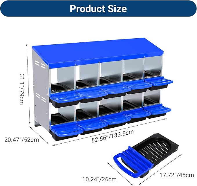 GarveeLife Chicken Nesting Box, 10 Compartments Nesting Boxes for Chickens, Chicken Laying Boxes, Roll Away Nesting Box for Chickens Laying Egg with Lid Cover to Protect Eggs, Blue