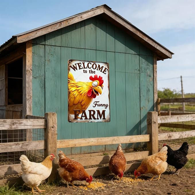 Funny Sign Rooster Decor Welcome To The Funny Farm Rustic Tin Sign for Home Farm Chicken Coop Decor 16x12 Inch