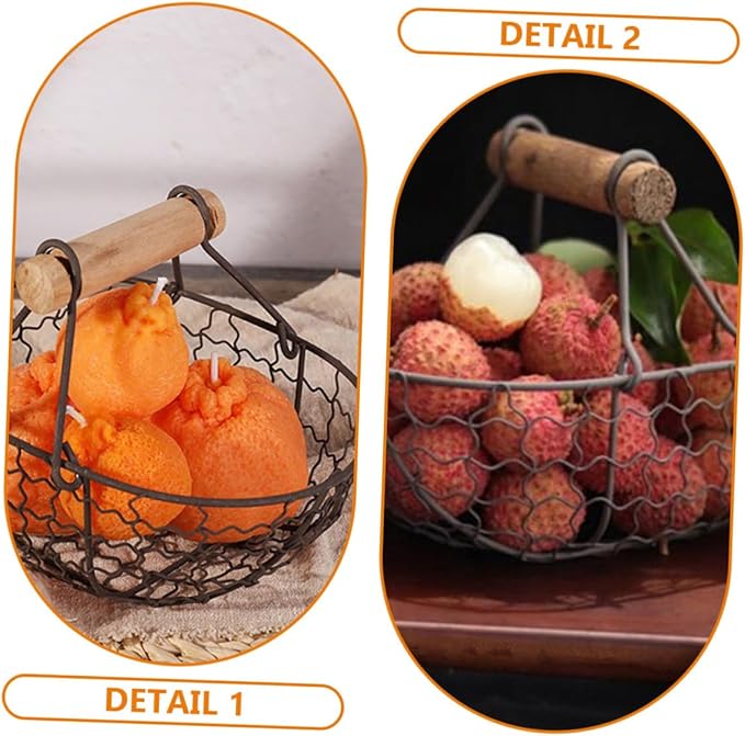 2pcs Farmhouse Style Wire Egg Basket with Wooden Handle, Small Metal Mesh Storage Basket for Kitchen Fruit, Bread, and Egg Organization in Gray Black