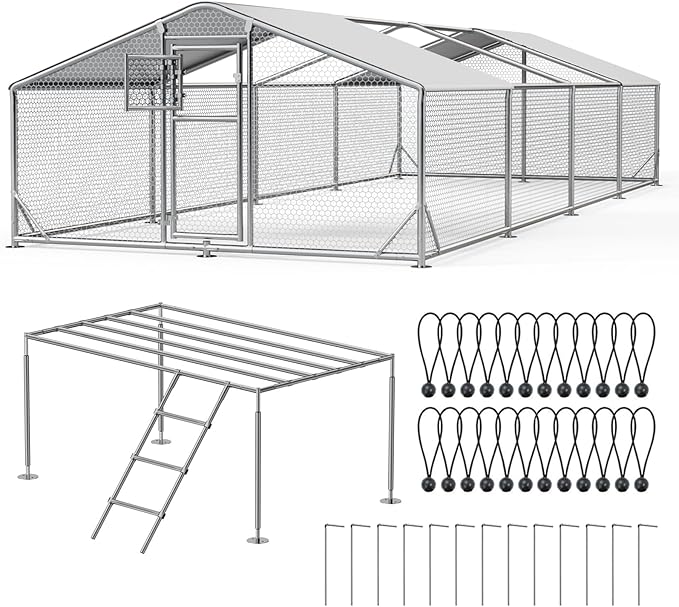 26x10FT Extra Large Metal Chicken Coop with Perch, Functional Split Door Chicken Coop Run with Cover & Hardware Cloth,Heavy Duty Chicken Pen with Aluminum Frame, Easy Setup Animal Run for Hen, Duck
