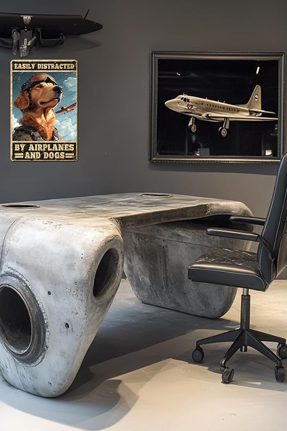 Vintage Pilot Metal Sign Easily Distracted By Airplanes And Dog Metal Poster Home Kitchen Garden Garage Coffee Bathroom Man Cave Aluminium Sign Art Wall Decor Plaque 16x12 Inch