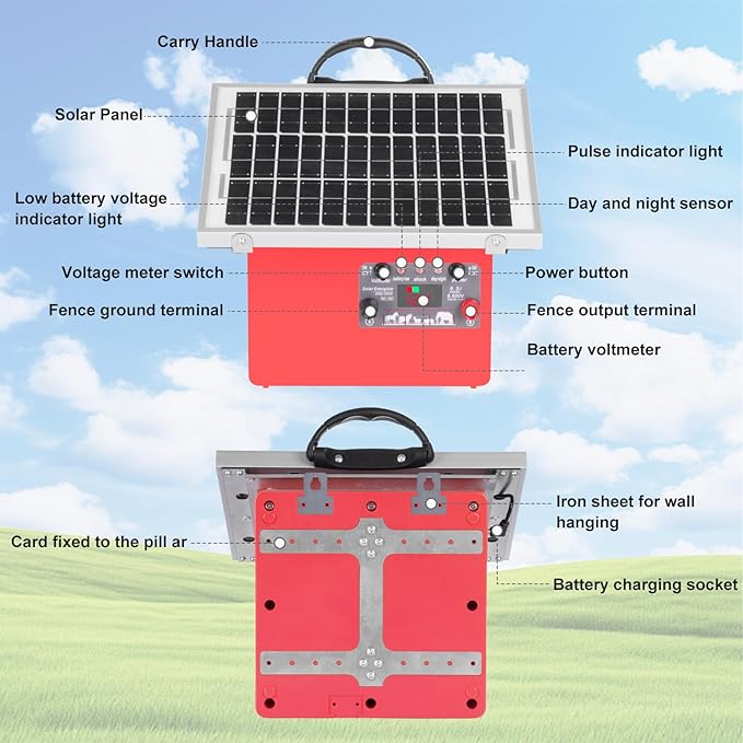 Solar Electric Fence Charger for Livestock,20 Miles Protection Range,24H/14D Uninterrupted Power,9.5KV Adjustable Output,7.5W Solar Panel,0.5 Joules Energy Output