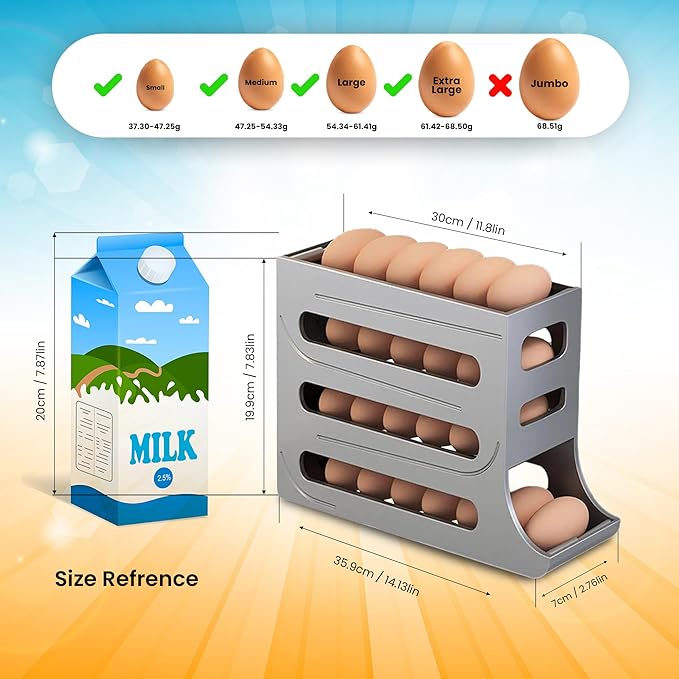 ZAYLAN Egg Holder for Fridge, Auto Rolling Egg Roller/Dispenser/Organizer/Storage Container, Space-Saving 4-Tier Egg Tray for 28 Eggs, Refrigerator, Kitchen & Countertop with Flower Egg Cutter (Gray)