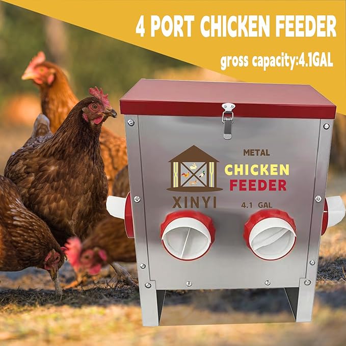 25lbs Metal Chicken Feeder, 4 Ports Galvanized Feeder, Goat Proof Auto Chicken Feeder, Weatherproof Chicken Food Dispenser System for Outdoor Coop,4.1 Gallon