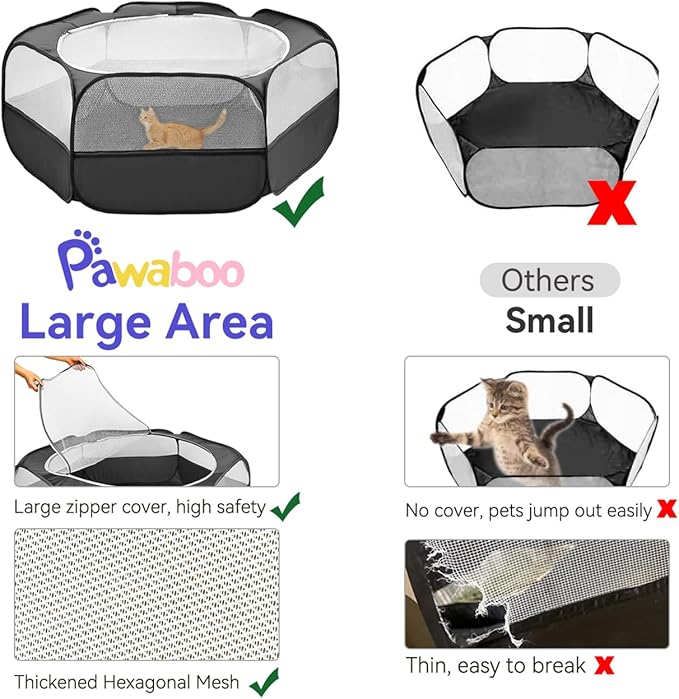 Pawaboo Extra Large 2-in-1 Small Animals Playpen, 2 Detachable Pet Cage Tent with Zipper Splicing, Portable Outdoor Yard Fence with 3 Metal Rod for Chick/Kitten/Puppy/Guinea Pig/Rabbits, Black
