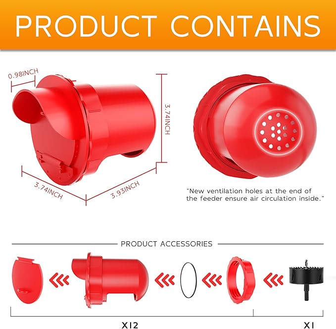 Chicken Feeder Port 12 Pack Poultry No Waste Port Kit with Stopper Lid, 1 Hole Saw, DIY Automatic Reusable Coop Feeder, Rain Proof Gravity Feeding Geese Duck Hens Rooster for Bucket Barrel Bin (Red)