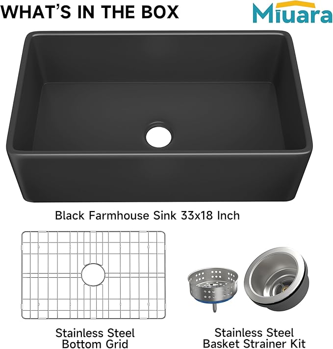 Miuara Black Farmhouse Sink 30 Inch - Apron Front Undermount Kitchen Sink Reversible 30"x18"x10", Farm House Style Single Bowl, Heavy Duty Solid Fireclay, Matte Black, for Kitchen