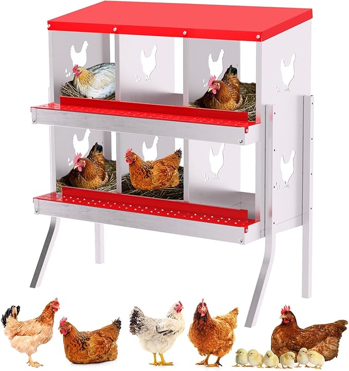 6-Compartment Metal Chicken Nesting Box - with Perch, Secure Lid & Metal Legs, Wall-Mount or Free-Standing Nesting Boxes for Hens