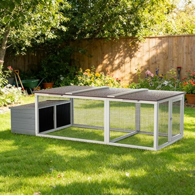 Large Wooden Chicken Coop with Nesting Box Weatherproof Asphalt Roof Walk-in Poultry Cage Secure Locks Metal Mesh Run for Backyard Farm (Gray-1)