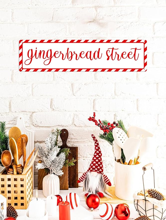 Gingerbread Street Christmas Metal Sign Vintage Print Art Poster Tin Plaque for Home Farmhouse Kitchen Patio Yard Cafe Bar Front Door Wall Decor 4x16 Inch