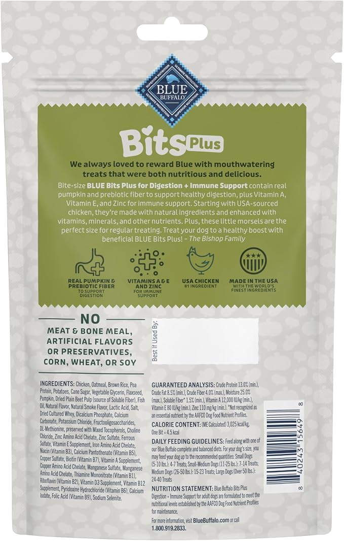 Blue Buffalo Blue Bits Plus Digestion and Immune Support Daily Benefit Dog Treats, Soft & Chewy Chicken and Pumpkin Morsels, 9.5-oz. Bag
