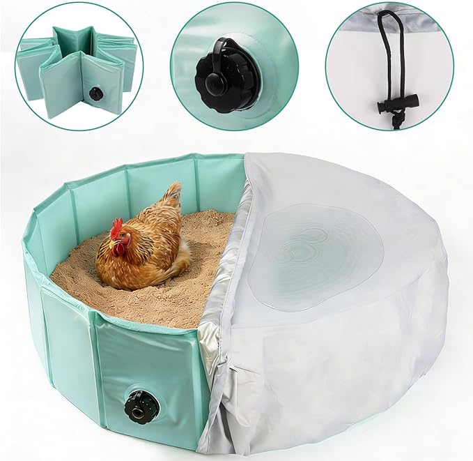 Chicken Dust Bath Tub, 32.3" D * 8" H Foldable Bathing Pool with Waterproof Cover & Feeder Net, Dust Bath for Chickens & Duck Tub, Dog Pool, Multi-Pet Coop Accessory (Green)