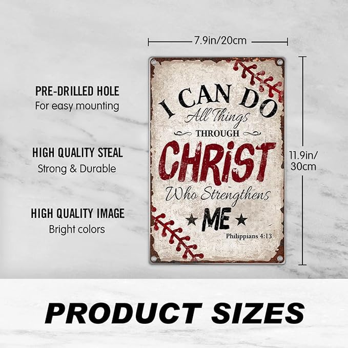 Bible Verse Wall Decor Philippians 413 Baseball Christian Metal Sign Religious Home Faith Inspirational Art Boys Room Bedroom Sports 8 x 12 Inch Kitchen Indoor Outdoor