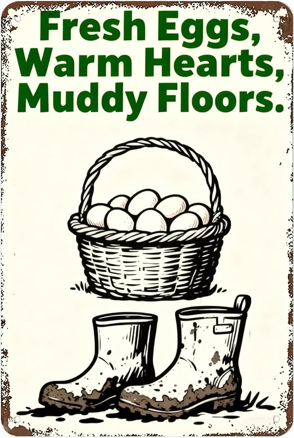 Vintage Metal Sign Fresh Eggs, Warm Hearts, Muddy Floors. Tin Sign Decor Retro Wall Decor For Home Coffee Bar Funny Aluminum Sign 16x12 inch