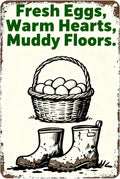 Metal Sign Fresh Eggs, Warm Hearts, Muddy Floors. Tin Sign Decor Retro Wall Decor For Home Coffee Bar Funny Aluminum Sign 8x12 inch