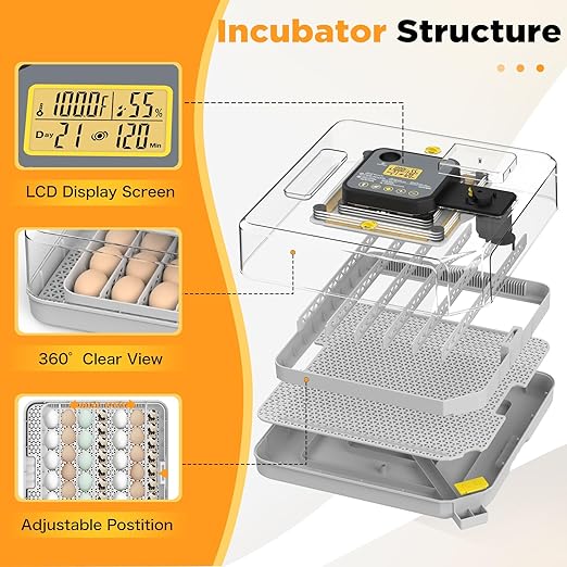 Incubator for Hatching 48 Eggs with Automatic Egg Turning and Humidity Control, Egg Incubator with Temperature, Incubators for Chicken, Ducks, Goose, Quail, Pigeon, Grey