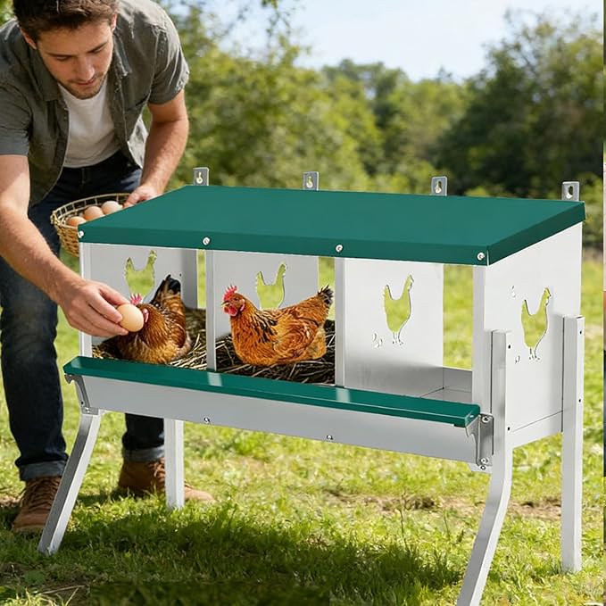 Garvee Large Metal Chicken Nesting Boxes for Hens, 3 Compartment Galvanized Steel Nesting Box with Legs, Includes 4 Fake Eggs & 10 Soft Nest Pads, Wall Mount or Freestanding for Coop & Farm