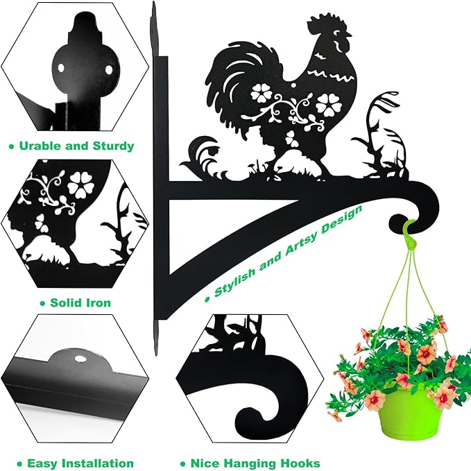 Hanging Plant Bracket Iron Decorative Chicken Silhouette Plant Hangers Indoor and Outdoor, Wall Mounted Hanging Plant Holder for Flower Pot Lantern Bird Feeder Wind Chimes