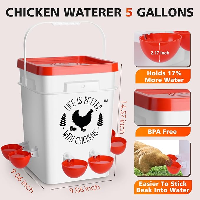Tgeyd Chicken Waterer 5 Gallon, with 6 Enlarge Automatic Water Cups, Large Cicken Waterer for Chicken Duck and Goose