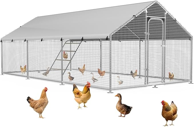 Large Metal Chicken Coop Run with Roosting Perch, Outdoor Poultry Cage with Waterproof & UV-Resistant Cover for Chickens, Ducks, Rabbits in Yard or Farm Use, Spire Roof(8.9'W x17.7'L x 6.6'H)