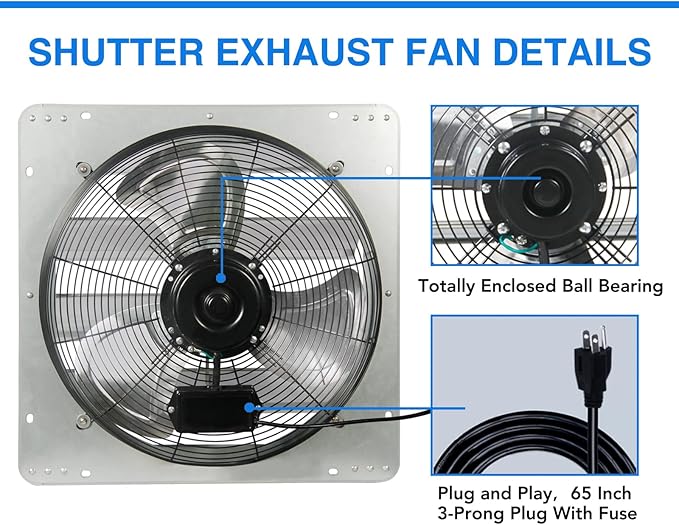 KEN BROWN 18 Inch Shutter Exhaust Fan, Gable Vent Fan, Wall Mount Ventilation, High Speed 2600 CFM, Automatic Aluminum Blades, for Garages, Shop, Greenhouse, Attic, with Power Cord