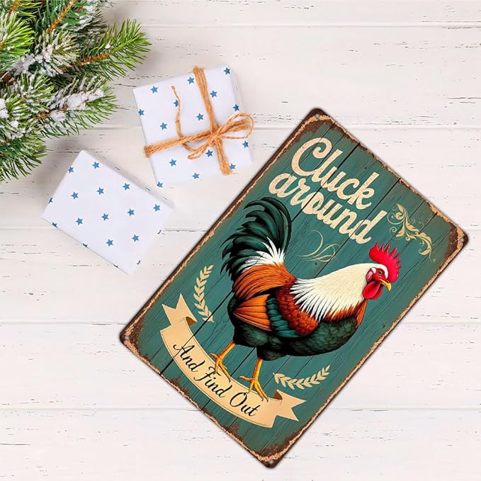 FunnySign Chicken Gifts Rooster Décor Cluck Around And Find Out Rustic Tin Sign For Home Farm Chicken Coop Decor 8x12 Inch (9703)