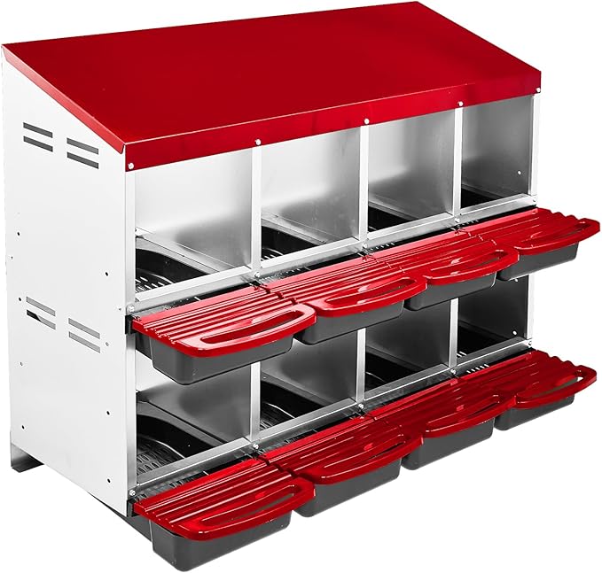 8 Compartment Chicken Nesting Box with Roll Away Egg Design - Wall Mount Hen Laying Box with Pull-Out Trays for Easy Egg Collection, Cleanable & Chicken Coop Accessories, 8 Holes, Red