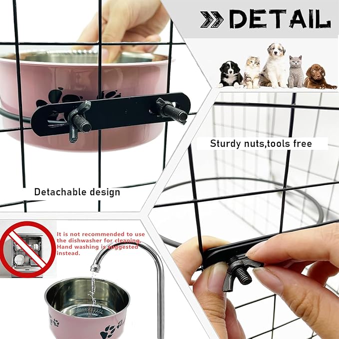 Dog Crate Food and Water Bowl 2Pcs Small Pet Hanging Kennel Removable Dish Feeding Cup with Holder for Medium Large Size Puppy Cat (Pink, 6.3''X2.5''&7.1‘’X2.7'')