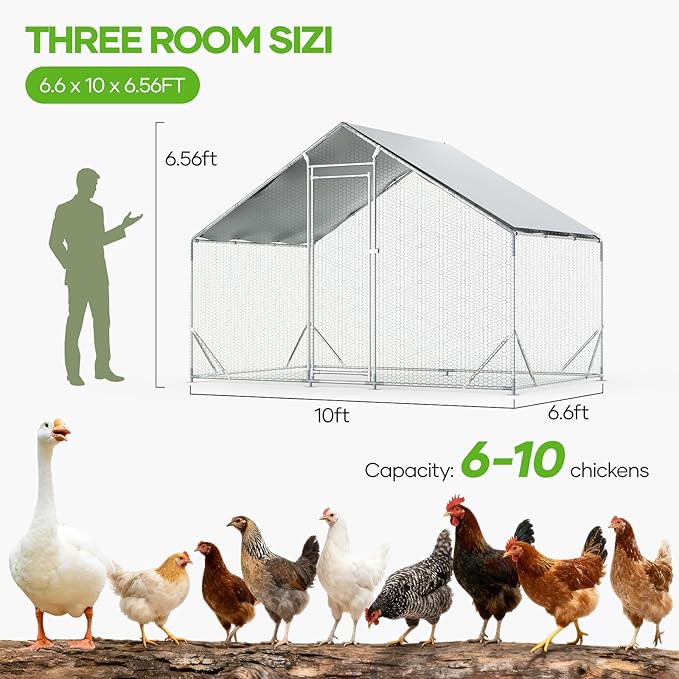 Large Metal Chicken Coop,10x6.5 FT Walk in Chicken Runs with Cover for 10 Chickens,Hen House Enclosure with Security Lock, Outdoor Duck Rabbit Cage Poultry Pens for Backyard,Farm,Yard