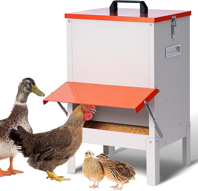 30lbs Automatic Chicken Feeder and Duck Feeder，Large Poultry Feeder for Chickens, Ducks, Geese, Pigeons, Dogs, Cats (Orange)