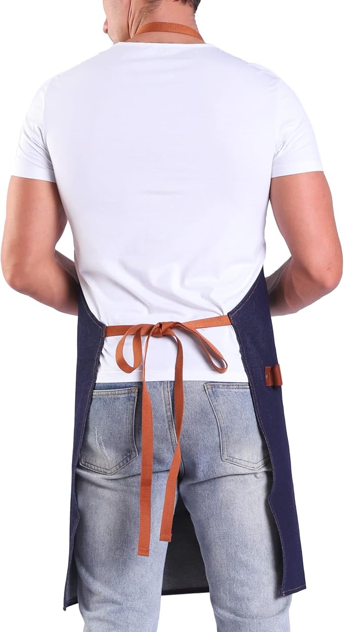 Denim Apron with Pockets Tall Bib Apron Large with Long Ties Adjustable - Gifts for Men Women