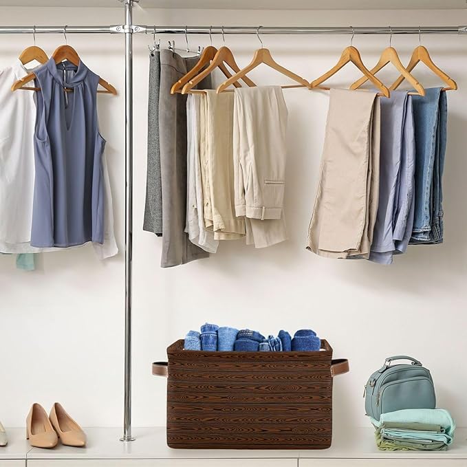 Rustic Grain Storage Bins Collapsible Storage Basket with Metal Frame, Fabric Shelves Bins Closet Baskets with Handles, 2-Pack