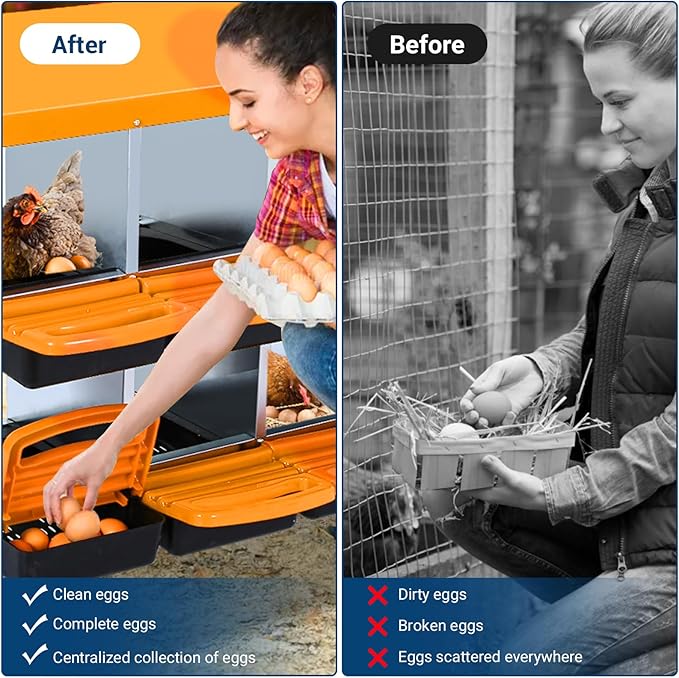 GarveeLife Chicken Nesting Box, 8 Compartments Nesting Boxes for Chickens, Chicken Laying Boxes with Legs, Roll Away Nesting Box for Chickens Laying Egg with Lid Cover to Protect Eggs, Orange