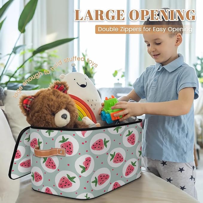 Storage Cubes with Lid Fabric Storage Bins Boxes PU Leather Handles, Strawberry Closet Organizer Container Foldable Washable Shelf Cloth Basket, Fruits Cute