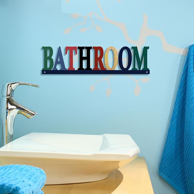 Rustic Metal Bathroom Sign, Bathroom Sign Door Decor, Pop Color Iron Letter Signs for Farmhouse Wall Decor, 14.5x3.7 inches