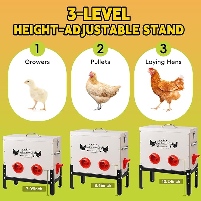 DRQ 30 LB Automatic Chicken Feeder, Metal Chick Feeder with 6 No-Waste Ports, Waterproof Poultry Feeder with Adjustable Legs, Locking Lid & Riveted Handles for Outdoor Chicken Coops