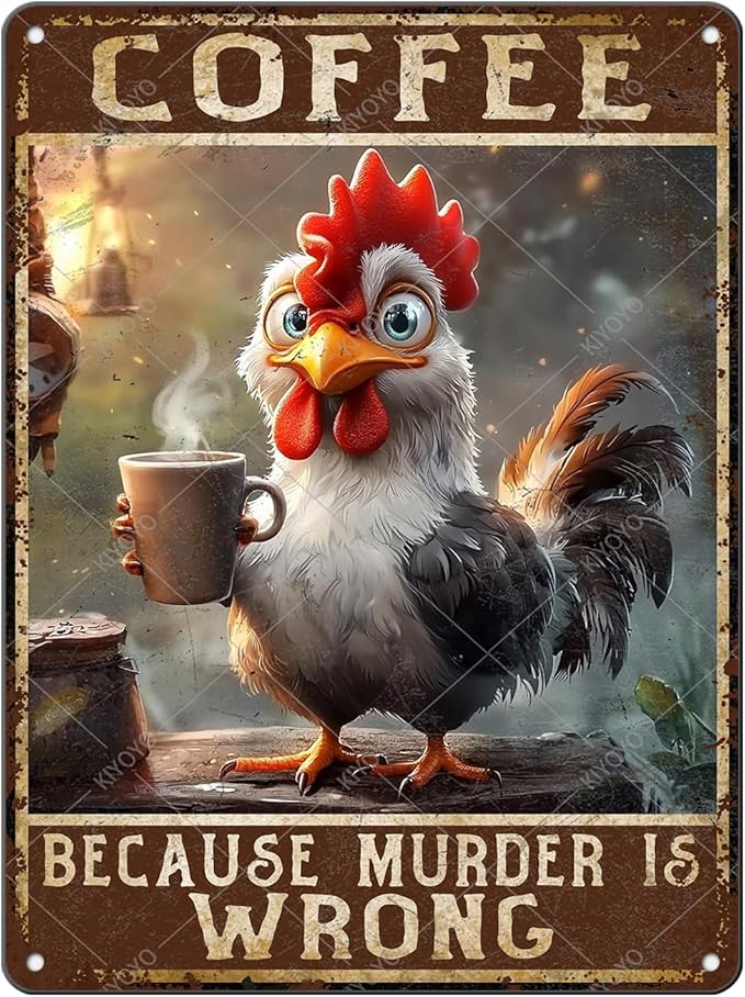 Chicken Coffee Because Murder Is Wrong Vintage Metal Tin Sign Rustic Farmhouse Wall Decor for Kitchen Cafe Barn Country Home Retro Iron Art Plaque 16x12 Inch