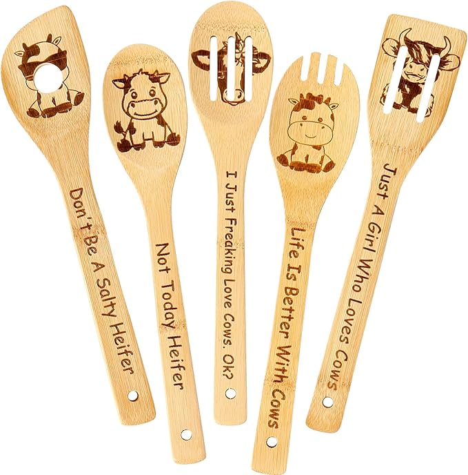 Highland Cow Gifts for Women - Cow Wooden Spoons for Cooking Mothers Day Gifts Bamboo Highland Cow Kitchen Accessories Cow Decor for Cow Lovers Engraved Wooden Cooking Spoons Cow Stuff 5PCS