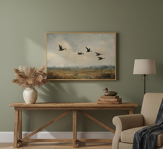 Framed Vintage Flying Duck Canvas Wall Art Wildlife Poster Print Natural Wilderness Picture Retro Wild Duck Painting Artwork Wall Decor for Bedroom Living Room Kitchen 16x24in