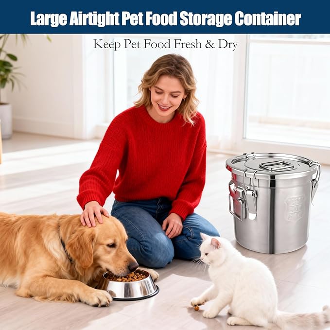 Stainless Steel Dog Food Storage Containers with Scoop, Fits up to 12Lbs, Large Pet Food Storage Container with Airtight Lid and Locking Clamp Metal Pet Food Bin for Dogs and Cats, Keep Fresh