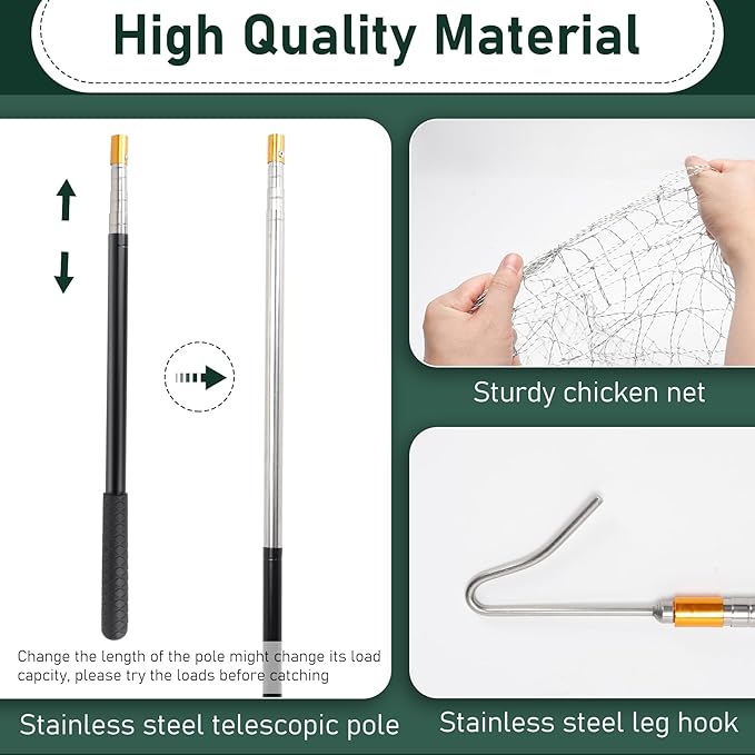Flehomo Chicken Catcher Set, Chicken Catching Net with Leg Hook & Telescopic Pole, Adjustable from 32.5" to 74", 16 x 24 Inch Net, Chicken Coop Accessories Suitable for Outdoor Poultry Catching