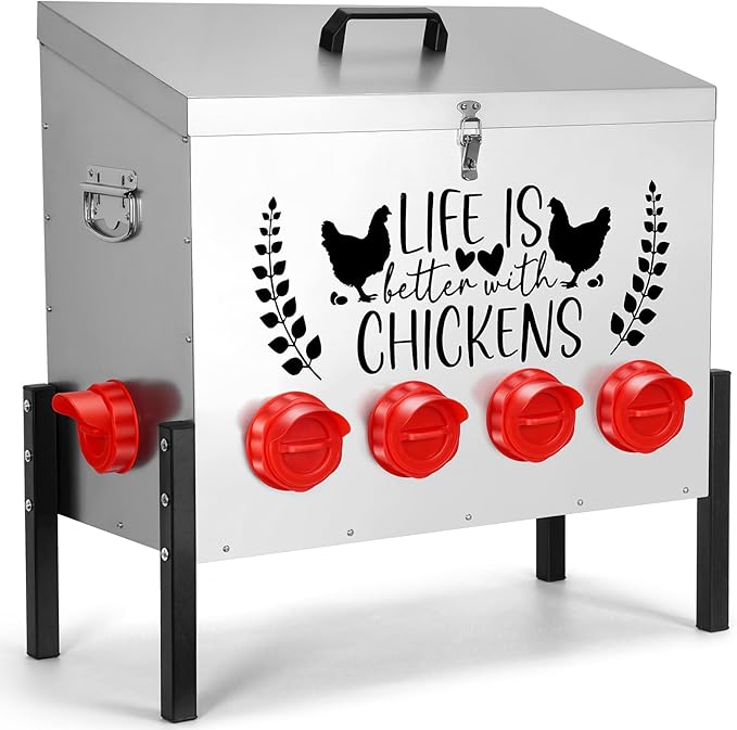 95 lb Chicken Feeder with 10 No-Waste Ports – Extra-Large Galvanized Metal Poultry Feeder with Adjustable Height Heavy-Duty Stand – Outdoor Feed Box for Chickens, Ducks & Geese