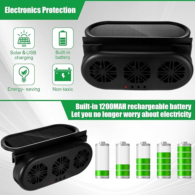 2 Pack Solar Powered Car Exhaust Fan 3 Fans Car Window Air Vent Radiator Solar Energy Cooling Vent Exhaust for General Types(Solar & USB Cable 3 Fans,Black)